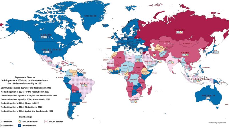 Analysis of the diplomatic positions of State Representatives of the International Community Following the UN General Assembly Vote on March 2, 2022 and the participation in the Bürgenstock conference 2024, the signature of the communiqué (own representation using mapchart.net).